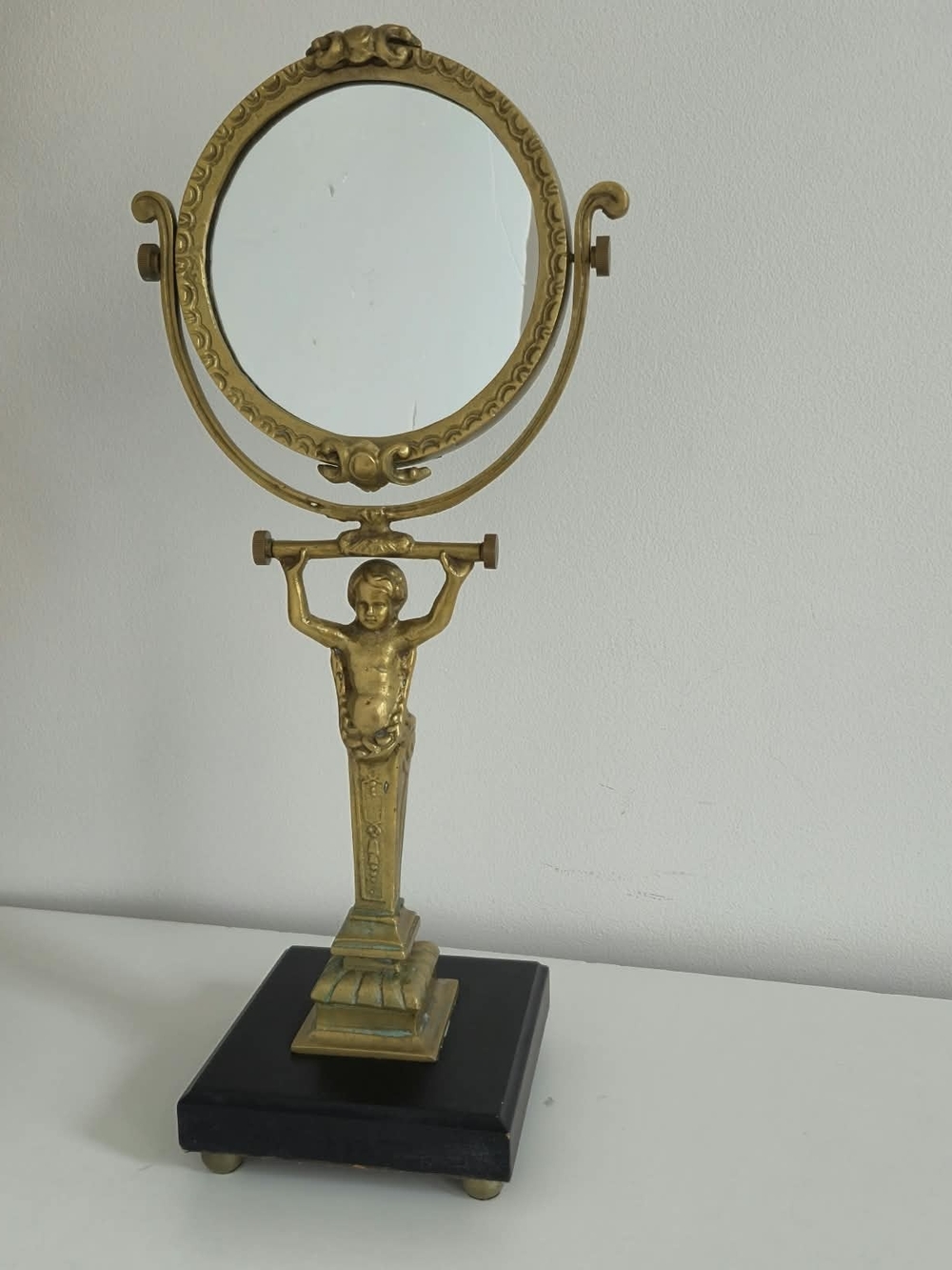 Vintage Ornate Brass Cherub / Putto Swivel Vanity Mirror on Wooden Base